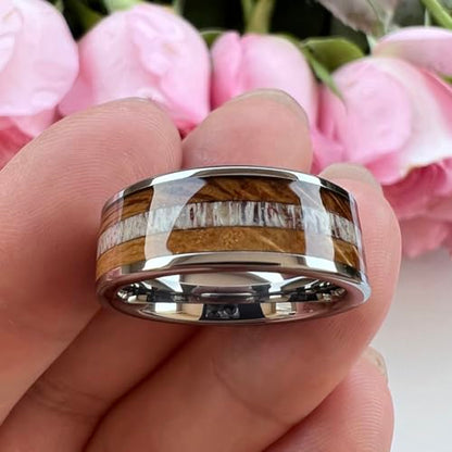 TUTISS 8mm Silver Black Tungsten Rings for Men Women Wedding Bands Whisky Barrel Wood Deer Antler Inlay Flat Polished Shiny Comfort Fit - color: 8mm Tungsten