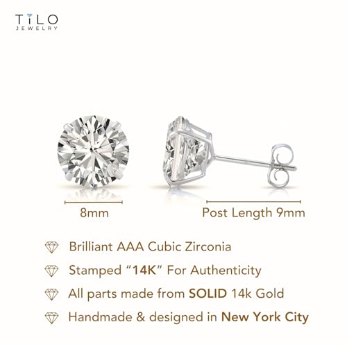14k White Gold Solitaire Round Cubic Zirconia Stud Earrings with Pushbacks - style: 8mm