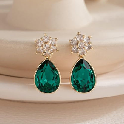 Elegant Austrian Crystal Teardrop Dangle Earrings for Women,14K Gold Plated Flower Drop Earrings Jewelry Gift for Birthday Wedding Anniversary - color: Emerald