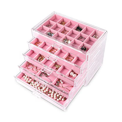 Acrylic Jewelry Organizer Earring Organizer Box with 5 Drawers Earring Holder Organizer with Velvet Trays Clear Jewelry Box for Women Earring Display for Rings StudsPink | 61 Jewelry Storage Grid for Rings Studs Bracelet,Velvet Lining,Transparent Appearan