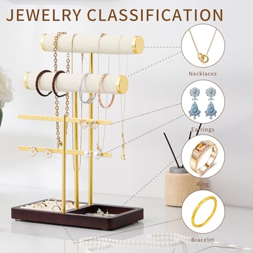 modern T-shaped jewelry rack, jewelry tower, gold metal, square ceramic base decoration display tower, necklace, bracelet, ring storage rack (2-layer beige velvet) - style: 2-layer beige velvet