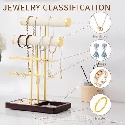 modern T-shaped jewelry rack, jewelry tower, gold metal, square ceramic base decoration display tower, necklace, bracelet, ring storage rack (2-layer beige velvet) - style: 2-layer beige velvet