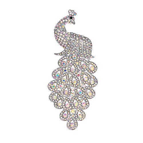 EVER FAITH New 5 Inch Peacock Pin Brooch Pendant Austrian Crystal - color: Silver-Tone Iridescent Clear AB