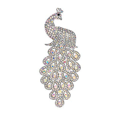 EVER FAITH New 5 Inch Peacock Pin Brooch Pendant Austrian Crystal - color: Silver-Tone Iridescent Clear AB