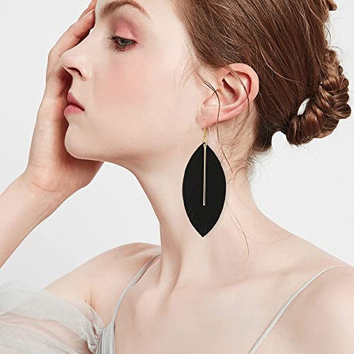 YUNXI Large Genuine Soft Leather Handmade Fringe Feather Lightweight Leaf with Simple Drop Metal Bar Tear Drop Dangle Color Earrings for Women - color: Black