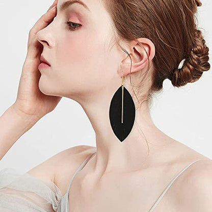 YUNXI Large Genuine Soft Leather Handmade Fringe Feather Lightweight Leaf with Simple Drop Metal Bar Tear Drop Dangle Color Earrings for Women - color: Black