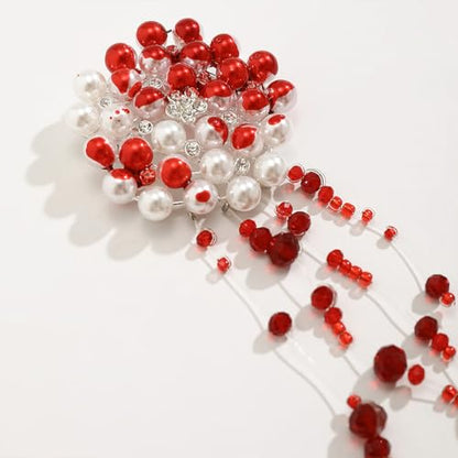Blood Red Pearls Brooches Pins for Women, Dainty White Freshwater Faux Cluster Pearls Pins Gothic Personalized Pearl Beaded Tassel Halloween Brooch