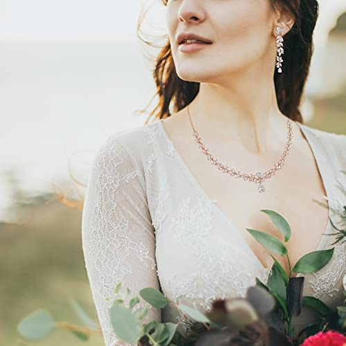 Crysdue Women's Wedding Bridal Jewelry Set for Brides Bridesmaids Cubic Zirconia Flower Leaf Vine Necklace Dangle Earrings for Prom Party - style: 14-rose gold