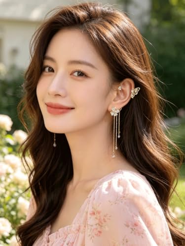 2Pcs Rhinestone Butterfly Earrings Ear Cuffs Non-Pierced Fake Earrings Butterfly Climber Wrap Around Earring Dainty Adjustable Ear Clip Jewelry for Women - color: Style1-gold