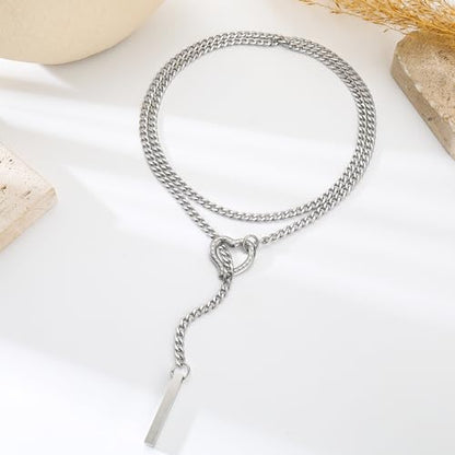 Slip Chain Necklaces for Women Stainless Steel Bar Pendant Choker Necklace Boho Handmade Long Lariat Necklace Silver Statement Punk Rock Collar Jewelry - style: layered silver heart