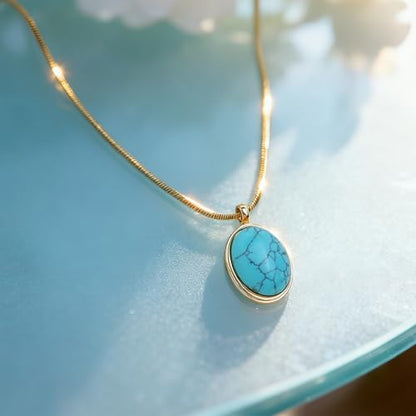 Sonateomber Gold Stone Pendant Necklace for Women, Chunky Statement Dainty Heart Oval Natural Gemstone Dangle Necklaces Wedding Prom Accessories Fashion Jewelry Gift - color: Blue Turquoise