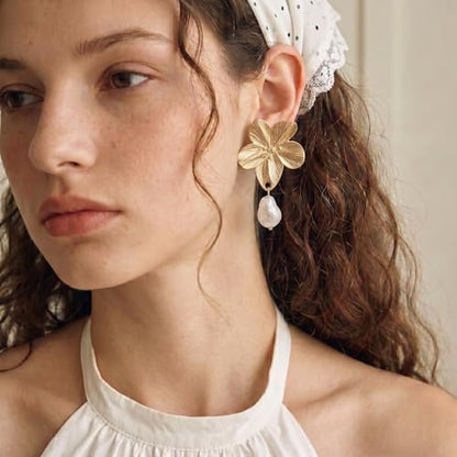 BELLA-Bee Gold Plated Flower Drop Earrings for Women, Dangle Earrings with Pearl, Hypoallergenic Gold Earrings for Sensitive Ears, Elegant Jewelry Gifts - color: 18K Gold Plated Flower-1