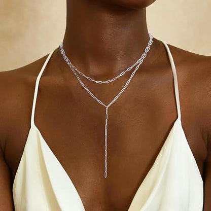 Lariat Necklace for Women, Dainty 14K Gold/Silver Plated Long Necklaces for Women Trendy Simple Layered Y-Shaped Pendant Necklace Adjustable Fashion Jewelry Gift - color: Silver, style: Paperclip Chain