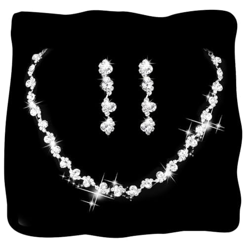 Bride Silver Necklace Earrings Set Crystal Bridal Wedding Jewelry Set Rhinestone Choker Necklace for Women and Brides - color: Silver