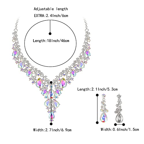 Wedding Bridal Necklace Earrings Jewelry Set for Women | Gorgeous Austrian Crystal Teardrop Flower Cluster for Bridal Bride Bridesmaid - color: 2Pcs-Iridescent AB Silver-Tone