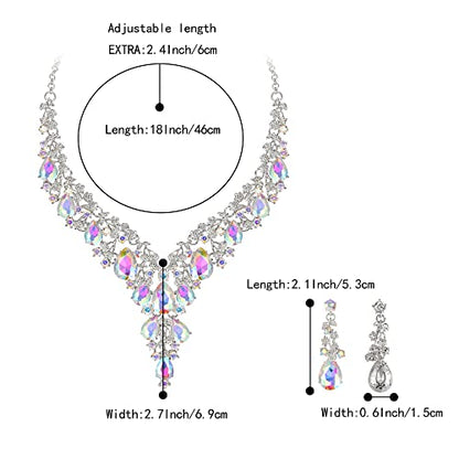 Wedding Bridal Necklace Earrings Jewelry Set for Women | Gorgeous Austrian Crystal Teardrop Flower Cluster for Bridal Bride Bridesmaid - color: 2Pcs-Iridescent AB Silver-Tone