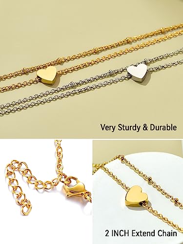 FaithHeart Waterproof Ankle Bracelets for Women, 1/2/3Pcs Non Tarnish Stainless Steel Layered Anklet Set Paperclip Figaro Cuban Link Chain Dainty Summer Beach Jewelry Gift Adjustable Size - style: b.Heart - Gold
