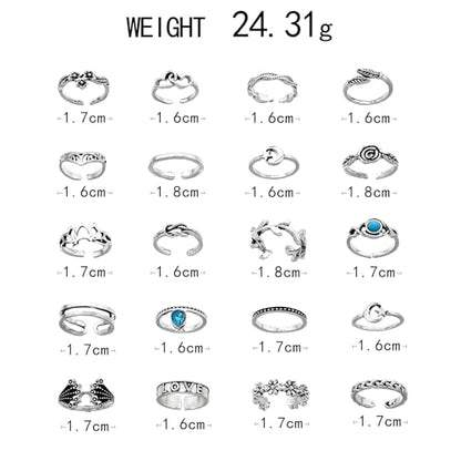 Bohemian Toe Rings for Women Vintage Turquoise Stackable Toe Ring Set Summer Hawaiian Beach Adjustable Toes Rings Ocean Foot Jewelry - style: 20PCS