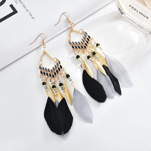 Faux Feather Fringe Tassel Long Dangle Earrings for Women | Bohemian Women Tassel Drop Jewelry - color: black grey
