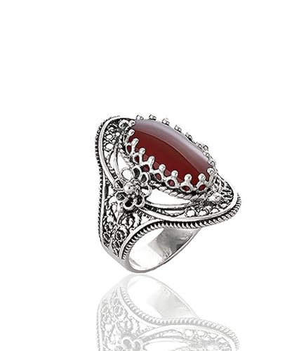 Filigranist 925 Sterling Silver Handcrafted Filigree Art Flower Pattern Woman Oval Statement Ring, Gift Boxed - color: Carnelian