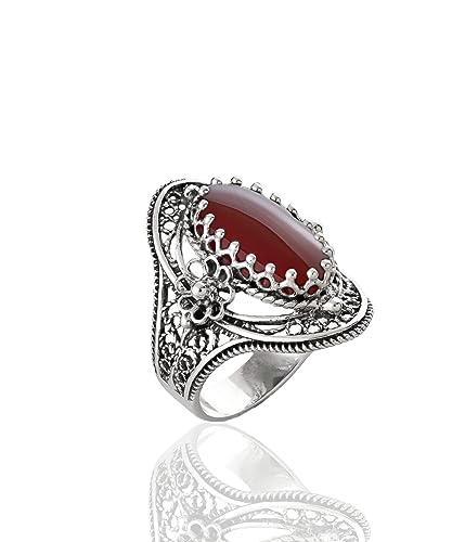 Filigranist 925 Sterling Silver Handcrafted Filigree Art Flower Pattern Woman Oval Statement Ring, Gift Boxed - color: Carnelian