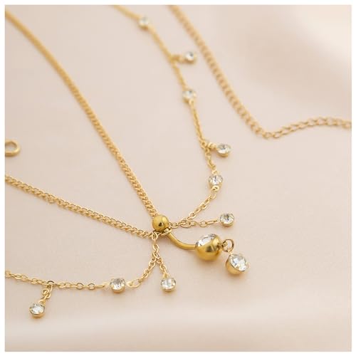 Summer Beach Multi-layer Crystal Belly Buttom Ring with Waist Chain Bikini Rhinestone Navel Piercing Dangle Belly Button Rings Waist Chain Sexy Belly Body Chain Jewelry for Women - style: Gold