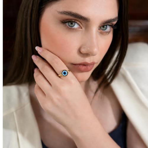Ello Elli Gold Tone Evil Eye Ring for Women, Gold Plated Stainless Steel Band, Evil Eye Protection Design, Minimalist Everyday Jewelry