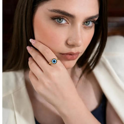 Ello Elli Gold Tone Evil Eye Ring for Women, Gold Plated Stainless Steel Band, Evil Eye Protection Design, Minimalist Everyday Jewelry