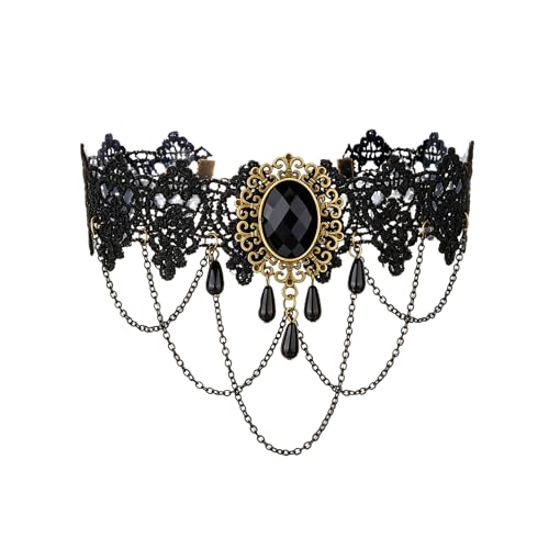 coadipress Gothic Lace Choker Necklace for Women Crystal Royal Court Vampire Choker Gothic Necklace Retro Handmade Halloween Gifts