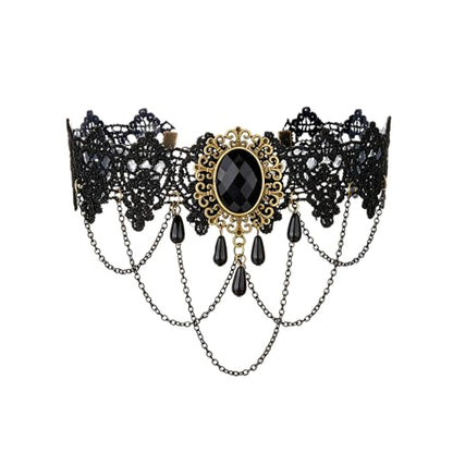 coadipress Gothic Lace Choker Necklace for Women Crystal Royal Court Vampire Choker Gothic Necklace Retro Handmade Halloween Gifts