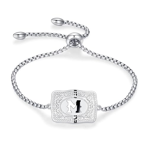 Belt Buckle Initial Bracelet for Women, 18K Gold/Silver Plated Belt Buckle Initial A-Z Bracelet, Unique Western Style Jewelry Gifts for Women Men - style: M