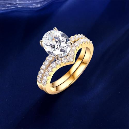 MDFUN 18K Gold Plated Promise Eternity Ring for Women, 7 * 9mm Oval Cubic Zirconia Two-in-One Rings Wedding Band Engagement - color: Gold
