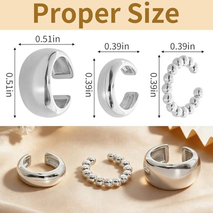 3 Pcs Ear Cuffs for Women Non Piercing Earrings Set 14K Gold/Silver Plated Ear Cuff for Non Pierced Ears Chunky Thin Clip On Earring Fake Earrings - color: Silver