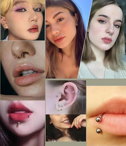 40Pcs Surgical Steel Lip Rings Labret Monroe Barbell Daith Tragus Helix Piercing Septum Nose Ring Eyebrow Body Jewelry for Women Men - color: Silver