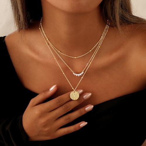 Layered Necklaces for Women 14K Gold Plated Stack Circle Pendant Trendy Long Chain Stackable Handmade Coin Necklace Set Dainty Gold Stacked Jewelry Gifts - color: Gold-1
