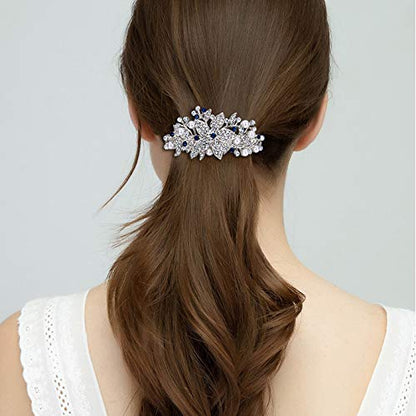 EVER FAITH Austrian Crystal Bridal Hibiscus Cream Simulated Pearl Hair Clip Barrette Blue Silver-Tone - color: Blue