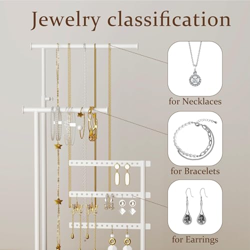 susswiff Jewelry Holder Organizer Stand - Adjustable Tall 17.5" (Max), Sturdy Jewelry Hanger for Necklaces, Earrings, Bracelets, Rings, Jewlery Display and Storage, White, Metal - color: White