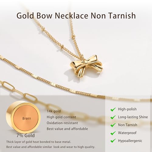 Poxtex Layered Gold Necklaces for Women, Stackable Dainty 14K Gold Silver Plated Trendy Simple Heart Diamond Cross Bow Circle Pendant Paperclip Choker Dot Chain Necklace,Jewelry Set Gifts for Women - color: Gold, style: Bow1