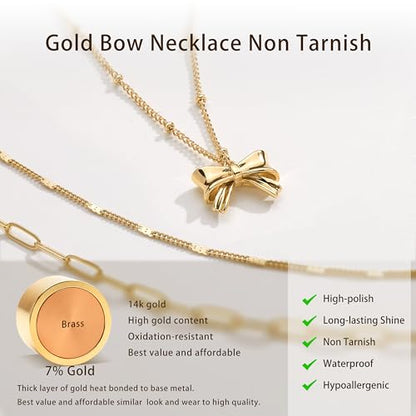 Poxtex Layered Gold Necklaces for Women, Stackable Dainty 14K Gold Silver Plated Trendy Simple Heart Diamond Cross Bow Circle Pendant Paperclip Choker Dot Chain Necklace,Jewelry Set Gifts for Women - color: Gold, style: Bow1