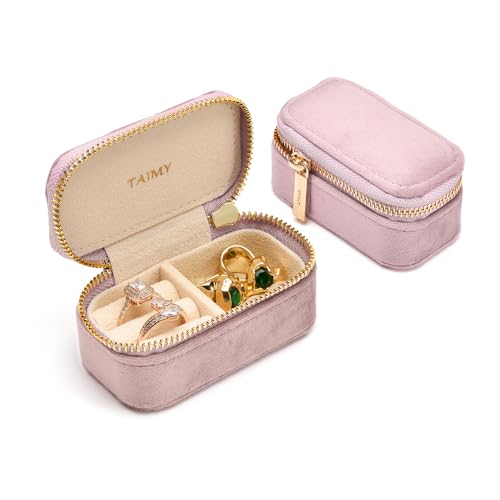TAIMY Small Travel Jewelry Case, Mini Tiny Plush Velvet Jewelry Box for Women and Girls, Pocket Size Jewelry holder organizer for Rings Earrings and Small Items(Pink) - color: Mini-Pink