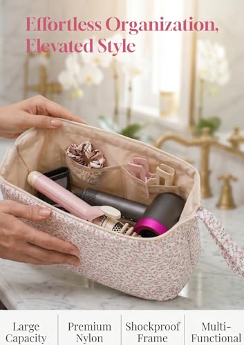 TeeYee Nylon Hair Tools Travel Bag for Dyson Airwrap Quilted Toiletry Bag | Travel Storage Bag for Shark Flexstyle/Curling Iron,Water-repellent,Wide-open,Well-structured,Heat-safe lining,001pinkflower - color: Pinkflower