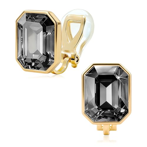 Octagon Austrian Crystal Non Pierced Clip On Earrings for Women | 14K Gold-Plated,Silicone Comfort Pad,Great for Unpierced Ears, Gift Box Included,Brighten Up Daily Outfits - color: Black