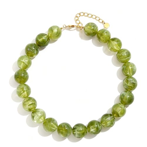 Chunky Necklaces for Women Trendy 20MM Large Resin Beaded Necklace Bold Statement Chunky Choker Necklace Boho Beads Summer Beach Jewelry - color: Olive Green