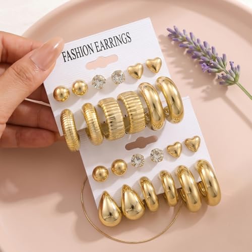 12-24pcs Handmade Crystal Heart CZ Earrings Pack Chunky Gold Earrings for Women Drop Stainless Steel Earrings Set - color: VC003/24p/Gold