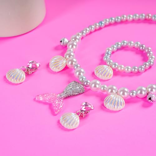 Mermaid Necklace Bracelet Set Mermaid Jewelry Kit Included Shell Necklace Bracelet Ring Earrings Accessories - color: Purple+pink