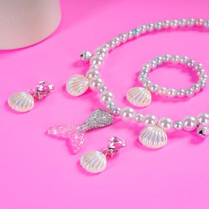 Mermaid Necklace Bracelet Set Mermaid Jewelry Kit Included Shell Necklace Bracelet Ring Earrings Accessories - color: Purple+pink