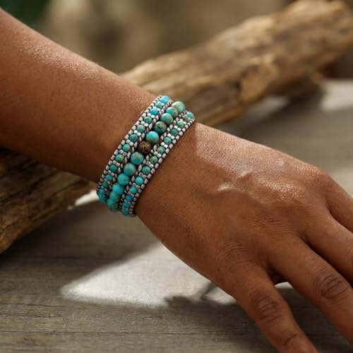 YGLINE Boho Handmade Natural Stone Bead 3 Row Wide Wrap Wrist Statment Bracelet Jewelry Collection - color: king jasper