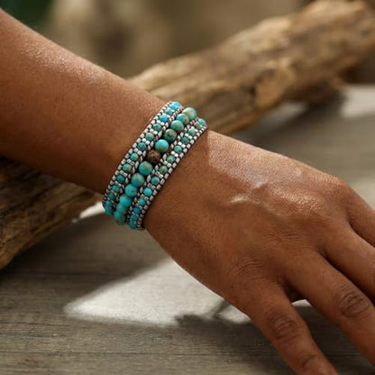 YGLINE Boho Handmade Natural Stone Bead 3 Row Wide Wrap Wrist Statment Bracelet Jewelry Collection - color: king jasper