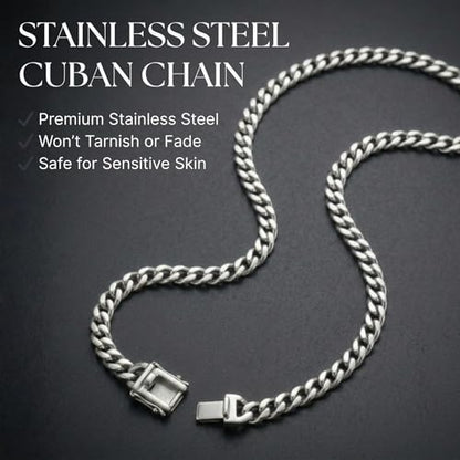 Galis Premium Stainless Steel Mens Cuban Link Chain, Miami Cuban Chain Necklace, 5mm,7mm,9mm Width, Non Tarnish & Durable Jewelry, 18"-22"