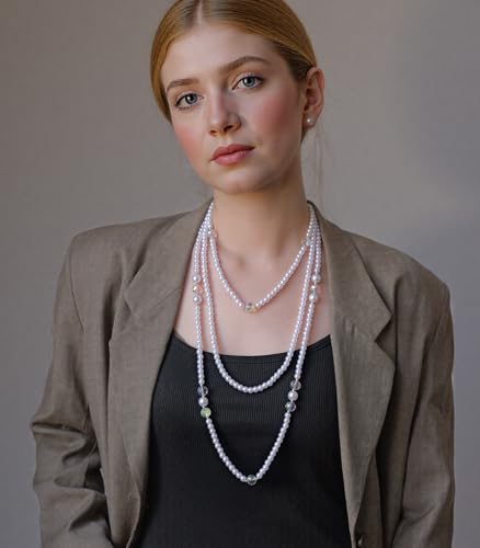 Errally Long Pearl Necklace and Earring Set Layered Pearl Beaded Necklaces for Women White Costume Jewelry Sets Gifts for Mom - color: 3-Layer